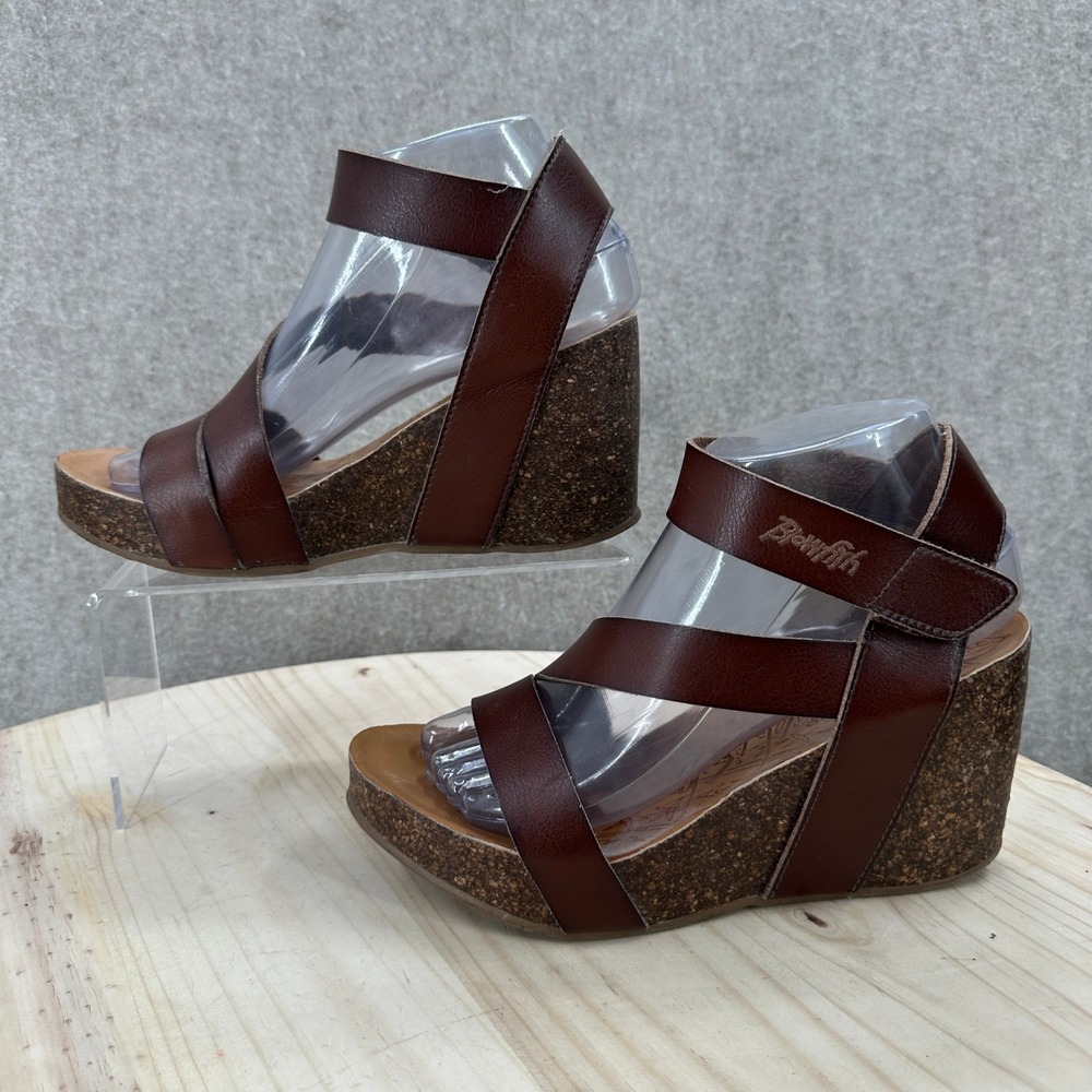 Blowfish Malibu Wedge Sandals 7.5 Brown Faux Leather Cork Strappy Platform